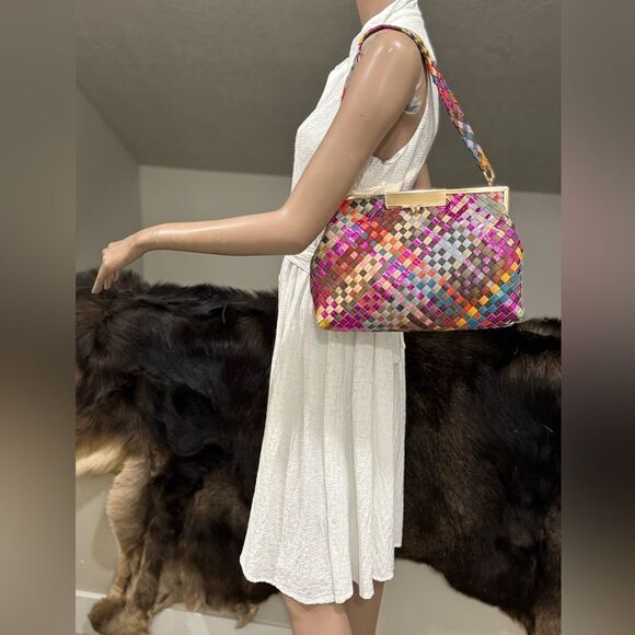Colorful Woven Leather Handmade Kisslock Metal Frame Handbag, Multi Use Style - Picture 2 of 16